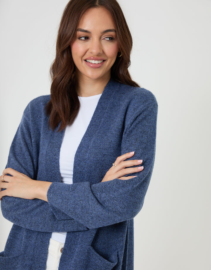 Blue Dropped Shoulder Knitted Coatigan