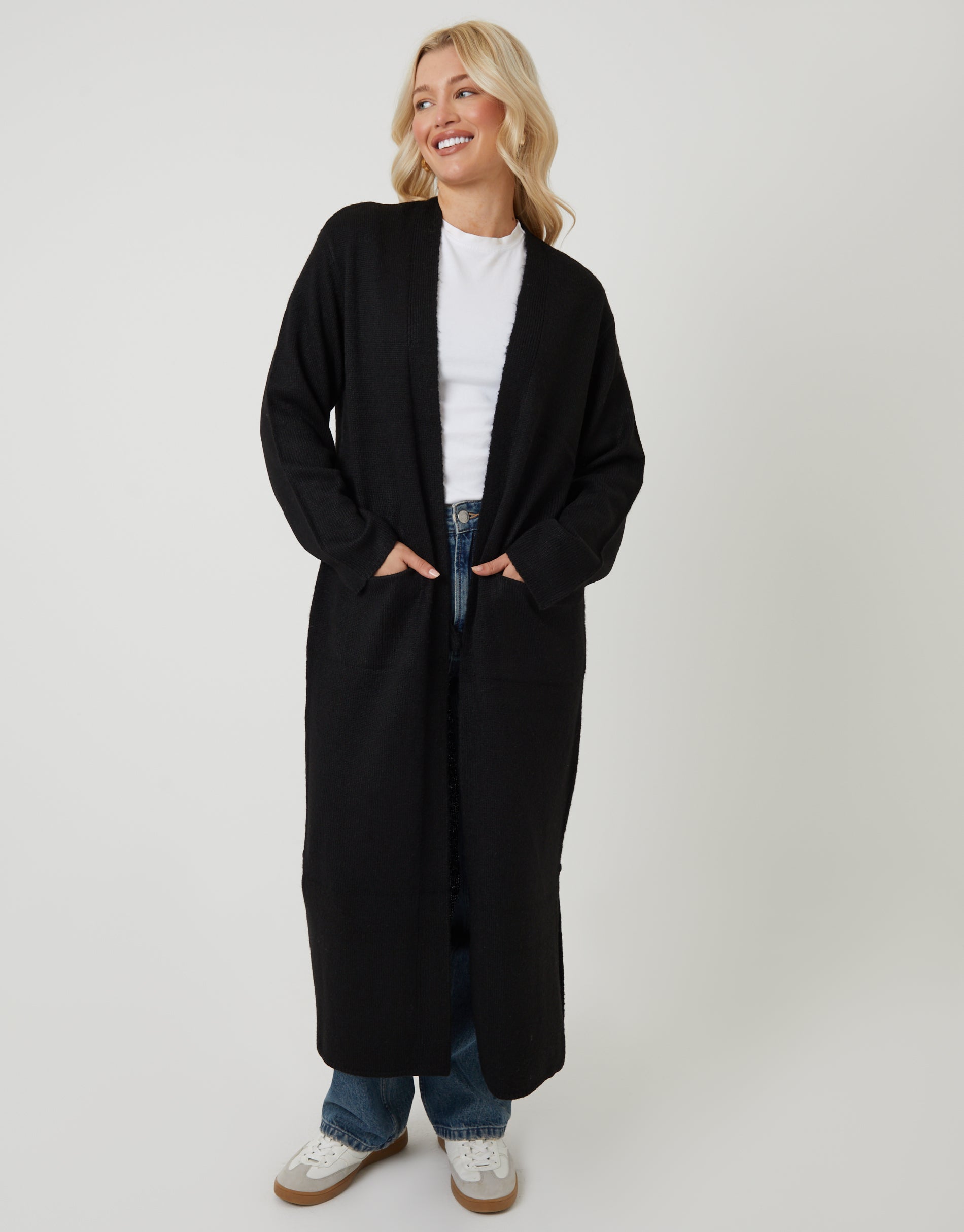 Dropped Shoulder Knitted Coatigan in Black
