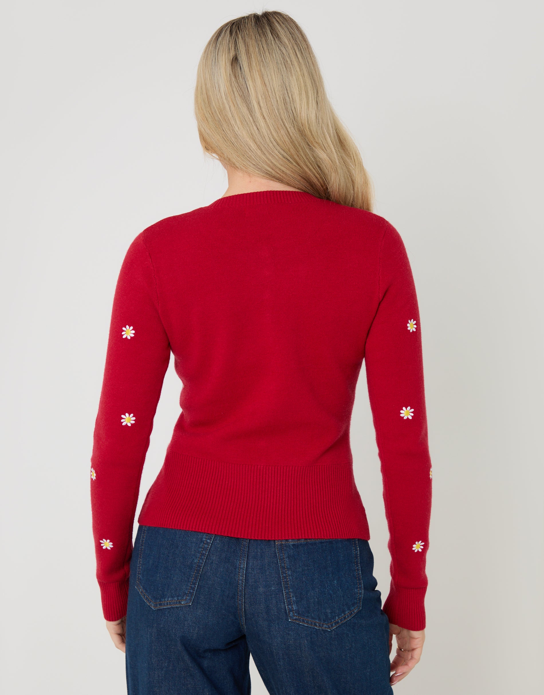 Threadbare Women's Red Daisy Embroidered Crew Neck Knitted Cardigan