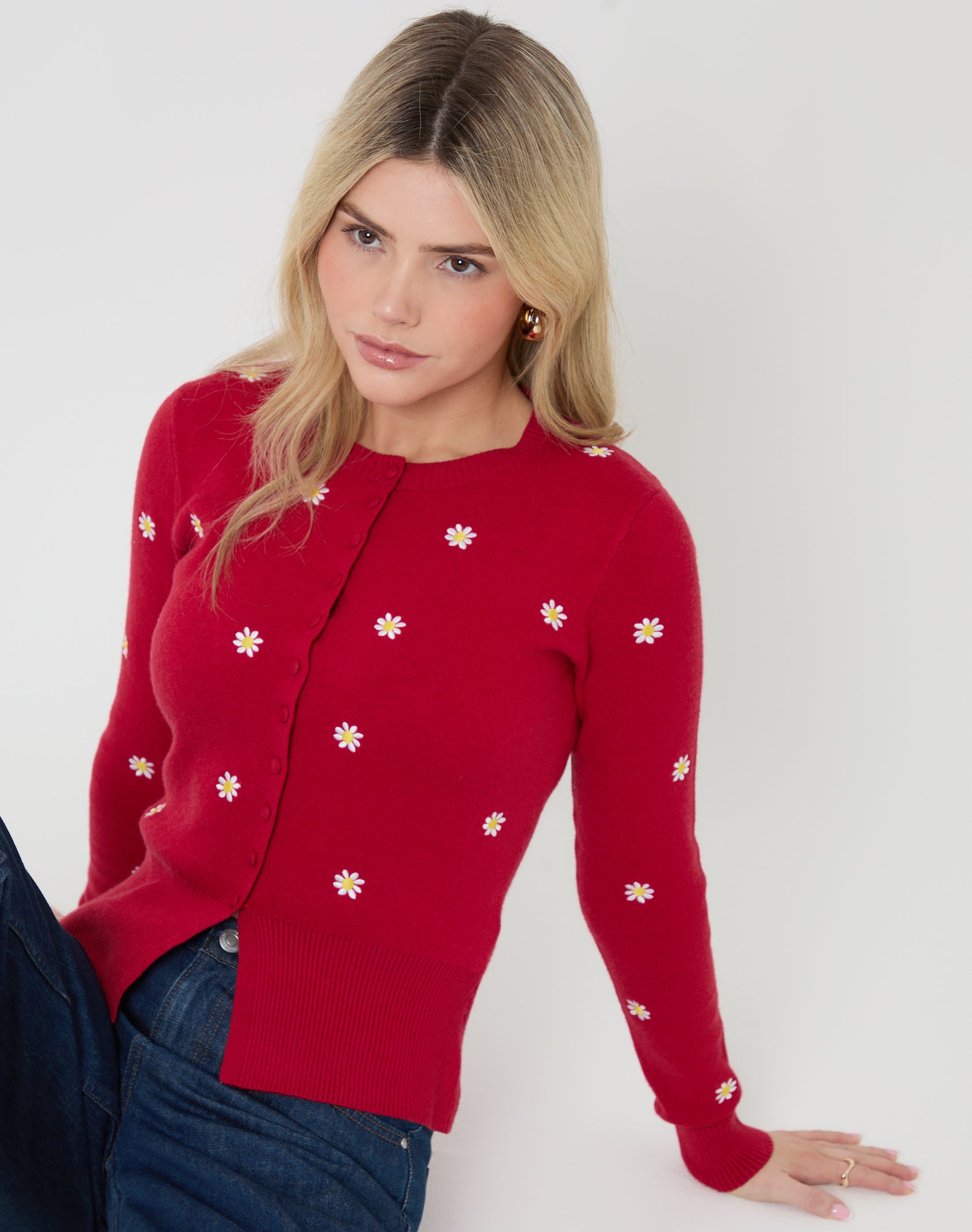 Threadbare Women's Red Daisy Embroidered Crew Neck Knitted Cardigan