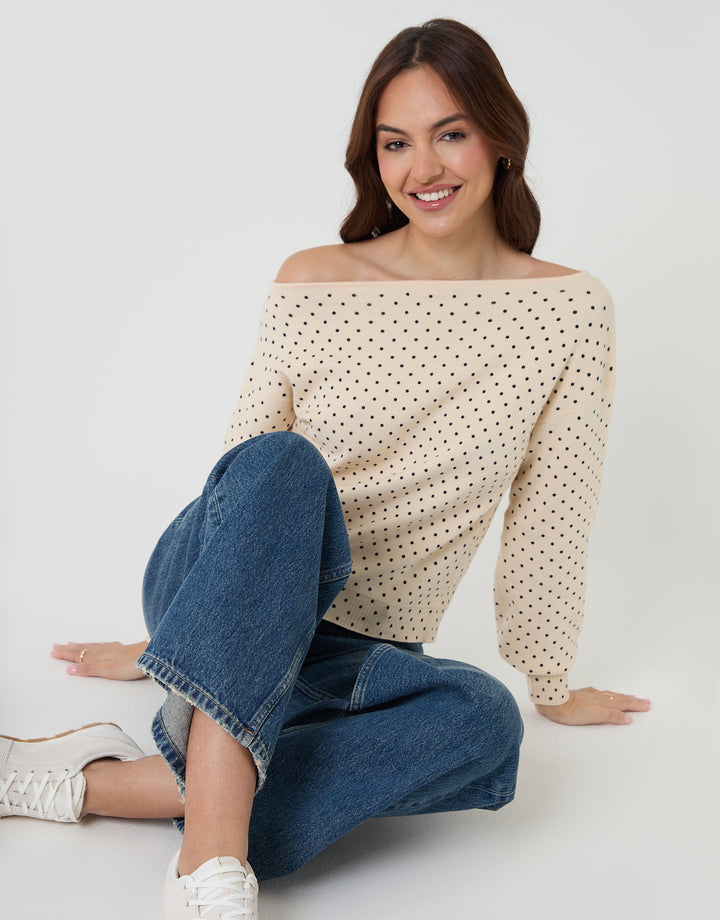 Mono Polka Dot Soft Slash Neck Jumper