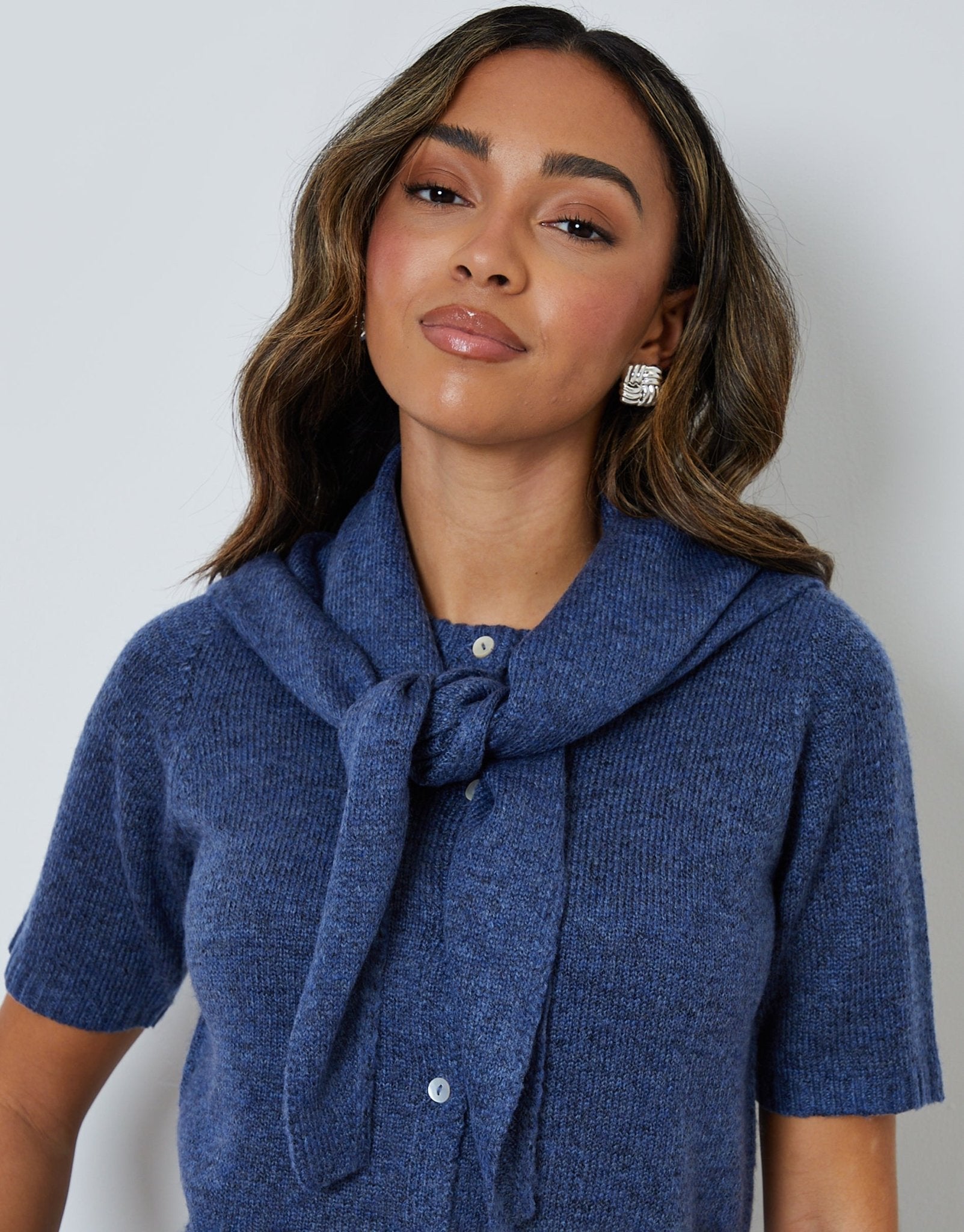 Threadbare Women's Scarf & Short Sleeve Cardigan Set in Blue