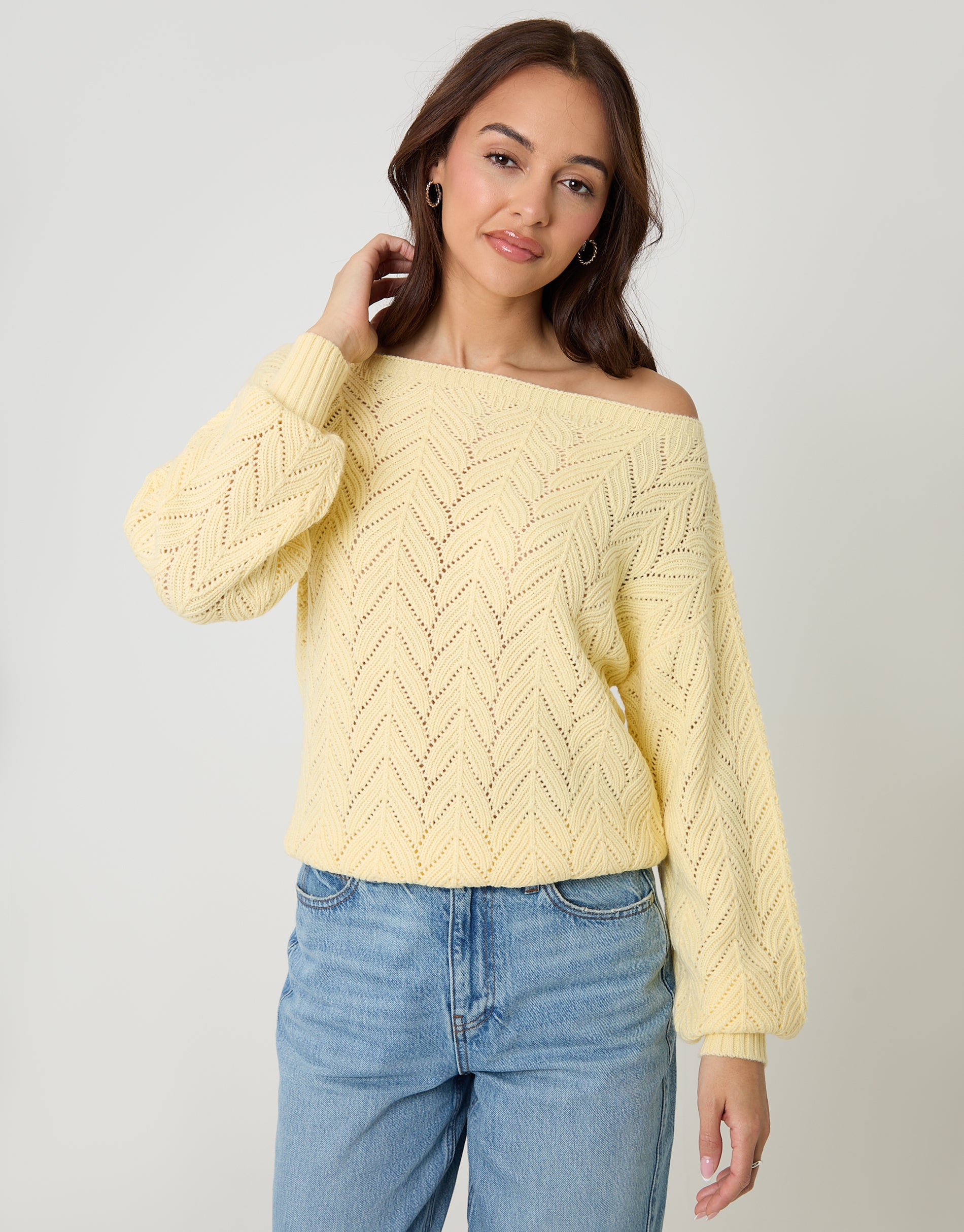 Threadbare Women's Cream & Yellow Pointelle Knit Slash Neck