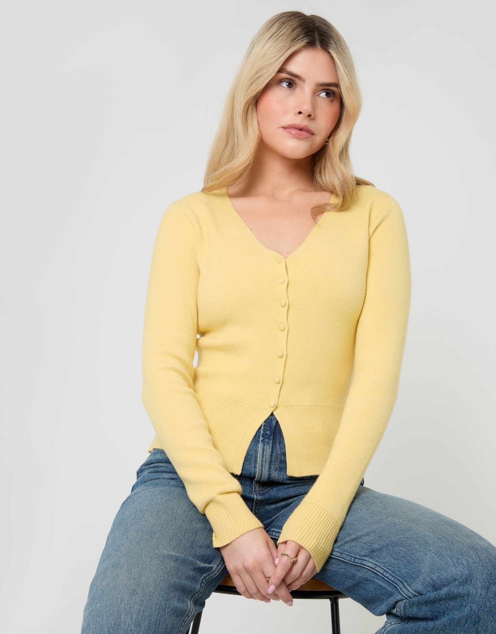 Threadbare Women's V Neck Compact Knitted Cardigan in Yellow