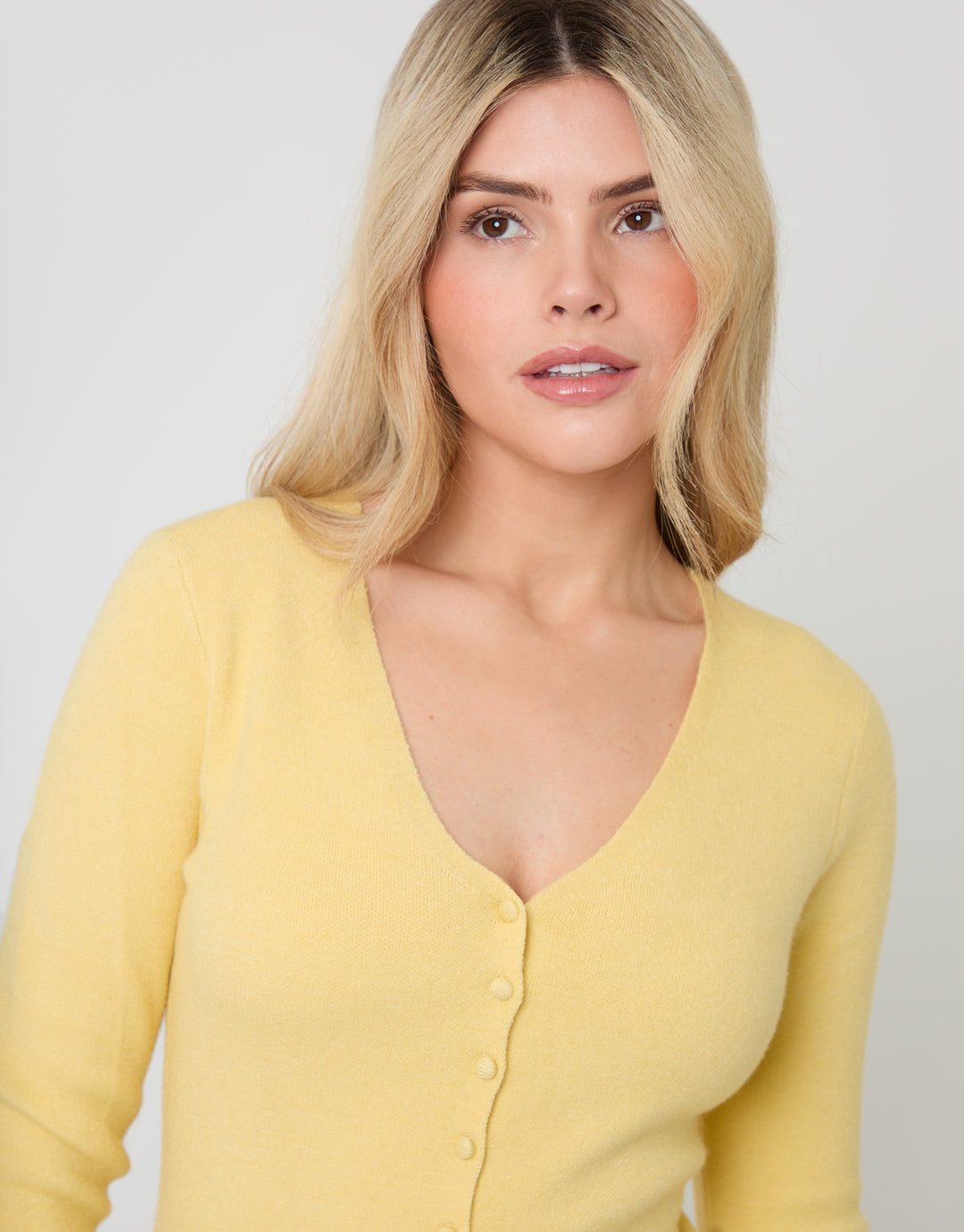 Yellow V Neck Compact Knitted Cardigan