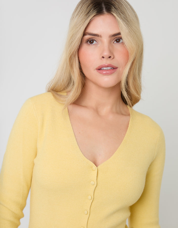 Yellow V Neck Compact Knitted Cardigan
