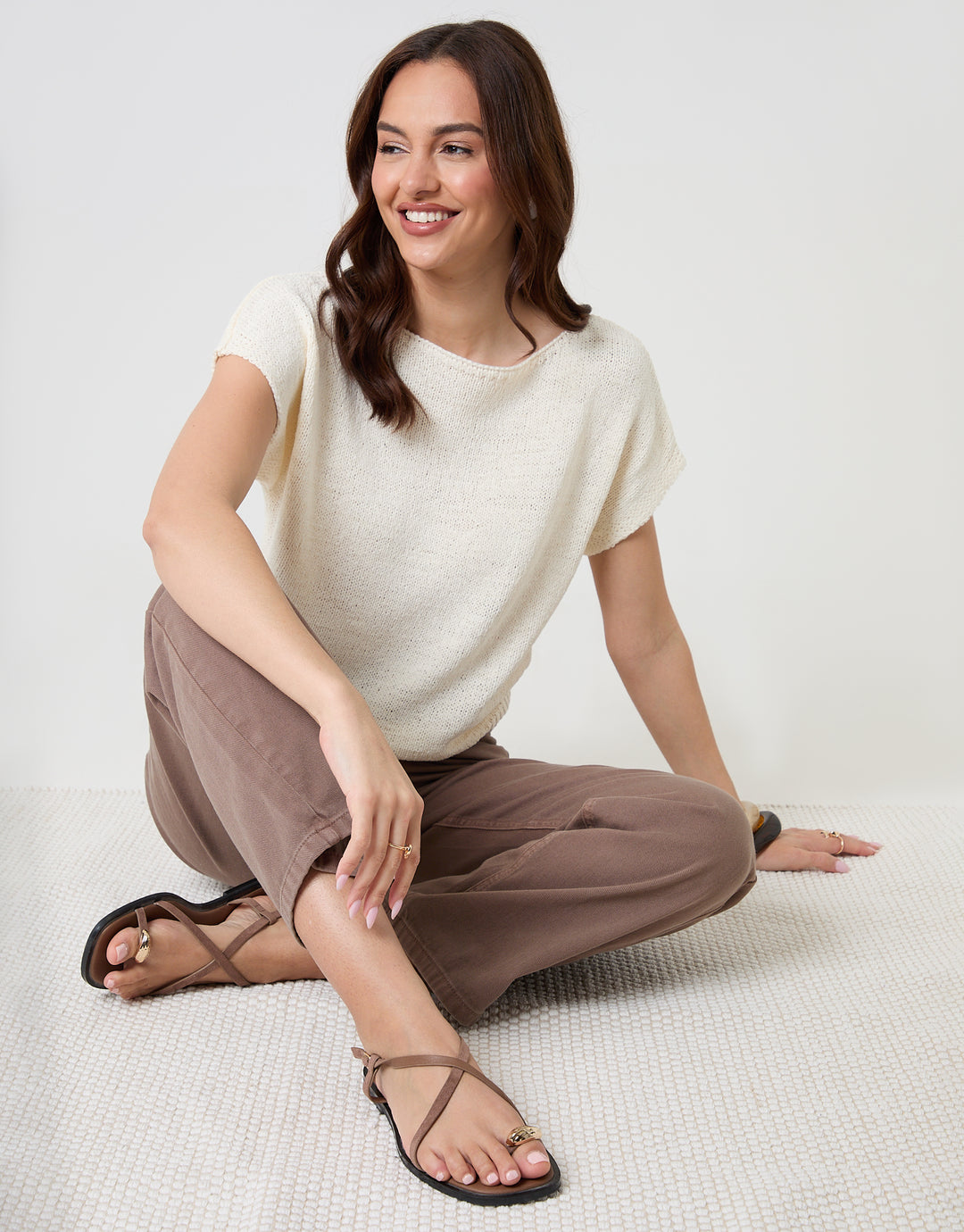 Threadbare Slash Neck Short Sleeve Jumper in Ecru - seated