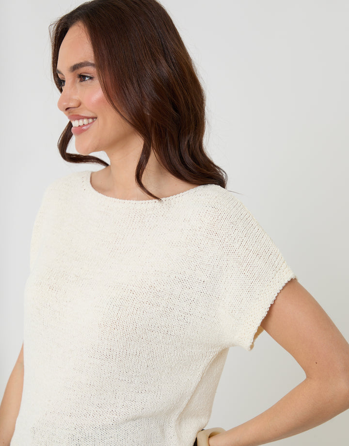 Threadbare Slash Neck Short Sleeve Jumper in Ecru - front view close up