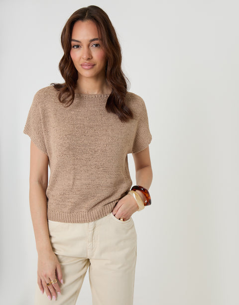 Threadbare Slash Neck Short Sleeve Jumper in Taupe - front view