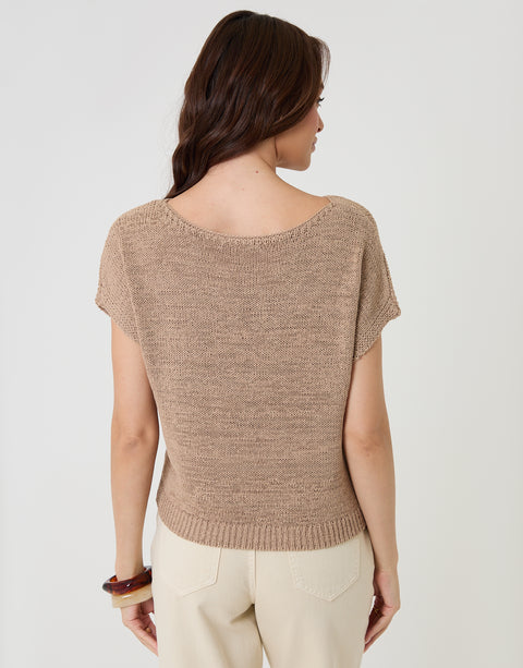 Threadbare Slash Neck Short Sleeve Jumper in Taupe - back view