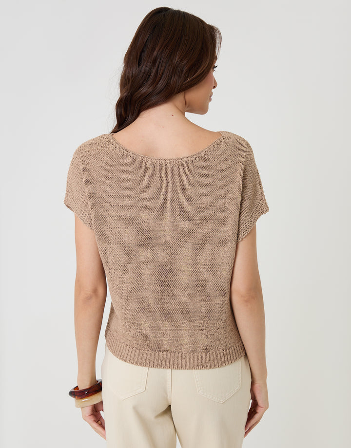 Threadbare Slash Neck Short Sleeve Jumper in Taupe - back view