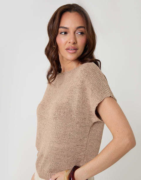 Threadbare Slash Neck Short Sleeve Jumper in Taupe - side view