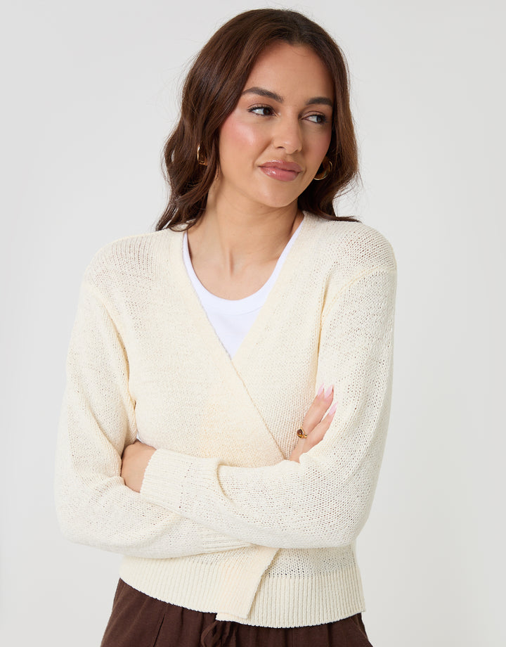 Threadbare Dropped Shoulder Open Cardigan in Cream - front view, arms crossed
