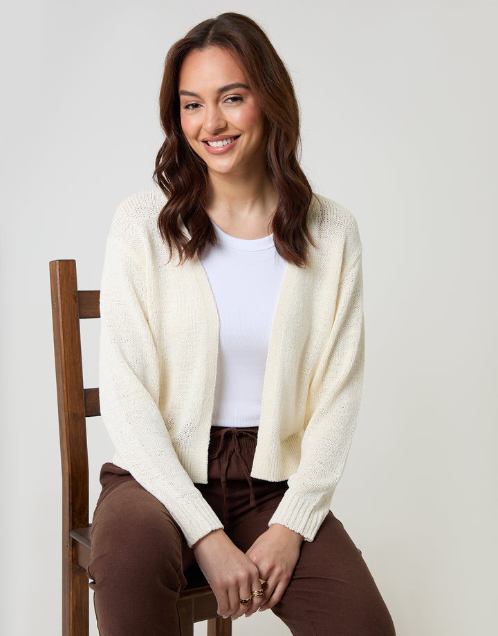 Threadbare Dropped Shoulder Open Cardigan in Cream - front view, seated