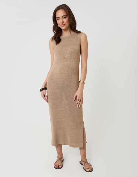Threadbare Knitted Yarn Midi Dress in Taupe - full body