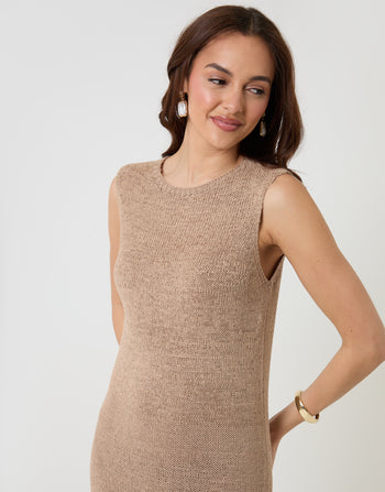 Threadbare Knitted Yarn Midi Dress in Taupe - neckline close up