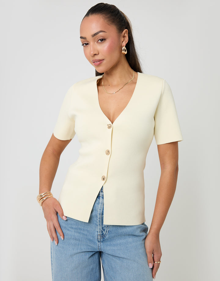 Threadbare V-Neck Compact Knitted Top in Lemon Yellow - front view