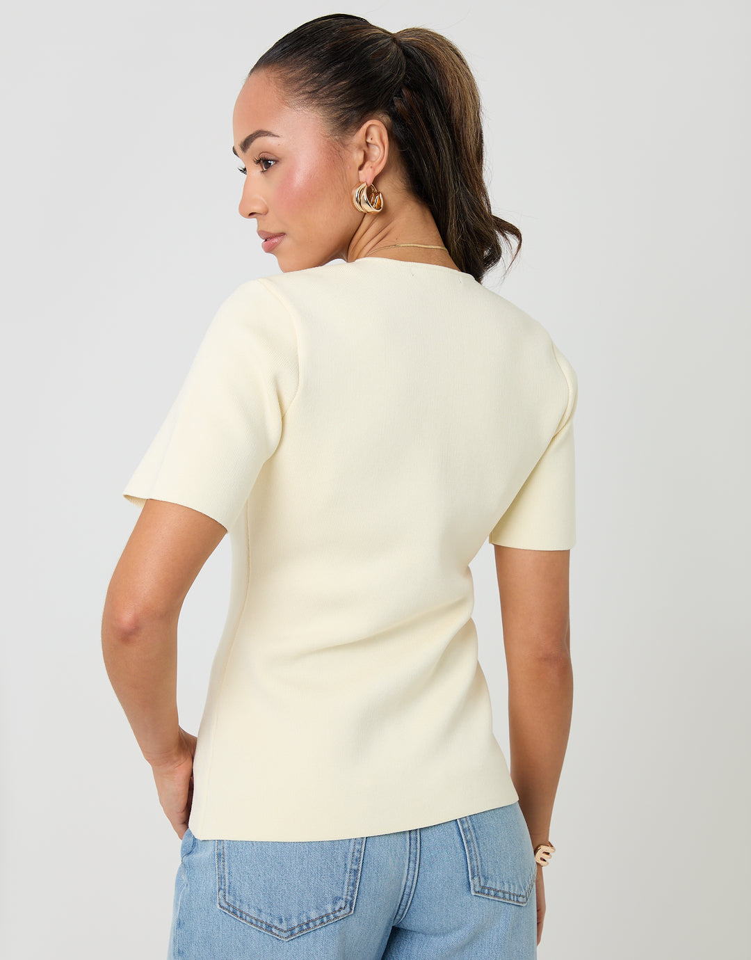 Threadbare V-Neck Compact Knitted Top in Lemon Yellow - back view
