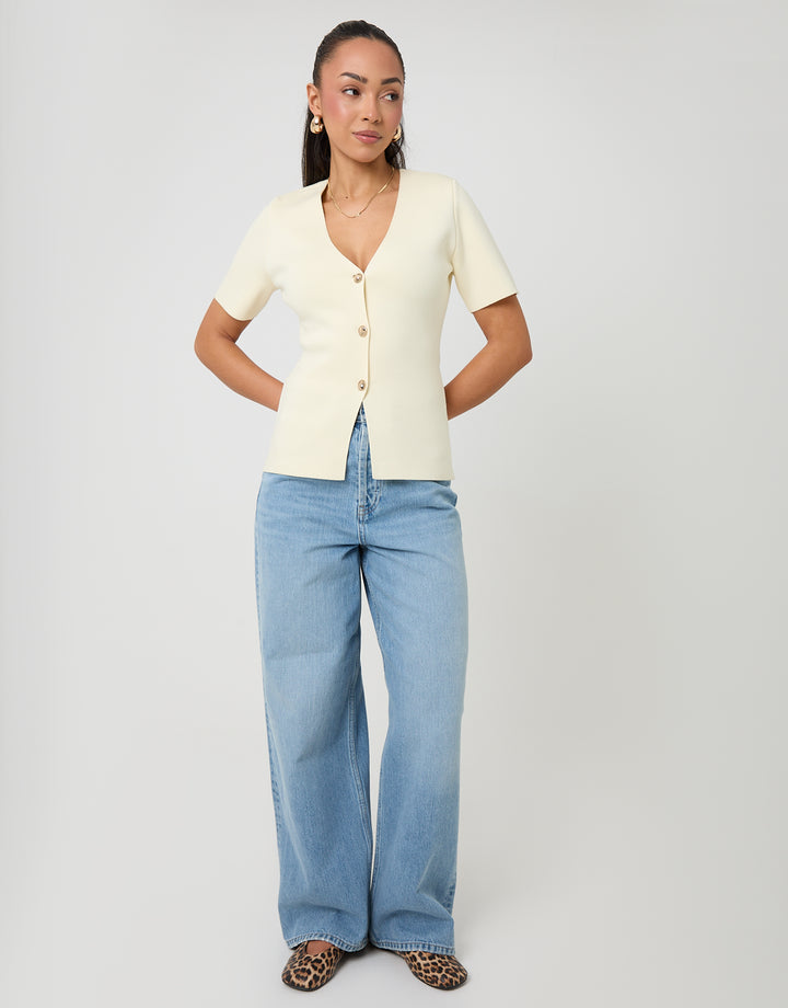 Threadbare V-Neck Compact Knitted Top in Lemon Yellow - full body