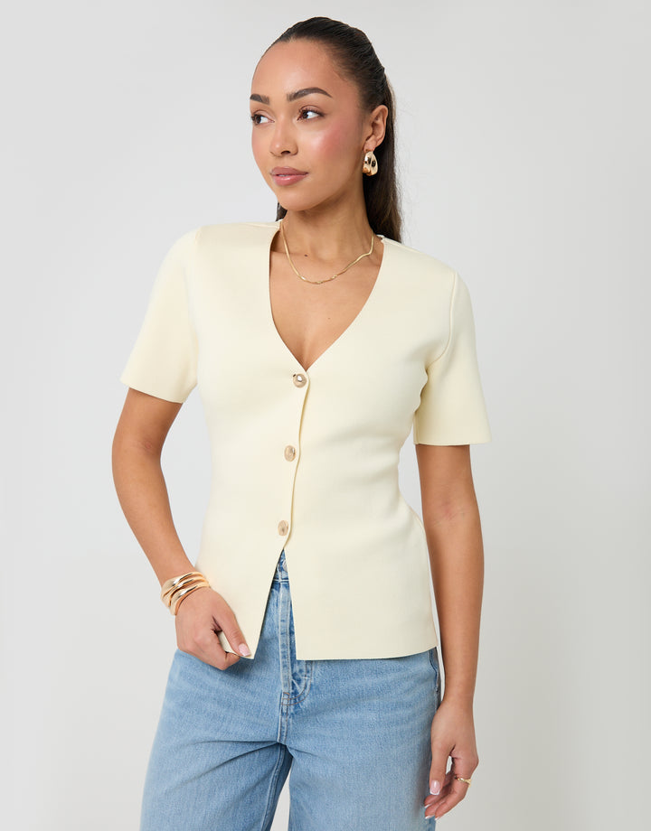 Threadbare V-Neck Compact Knitted Top in Lemon Yellow - front view