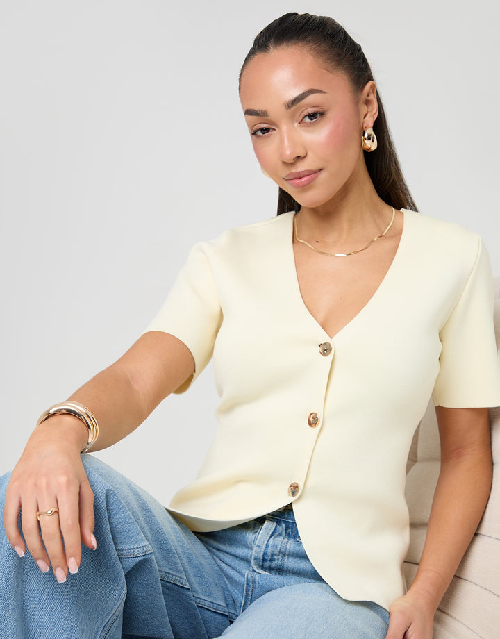Threadbare V-Neck Compact Knitted Top in Lemon Yellow - seated