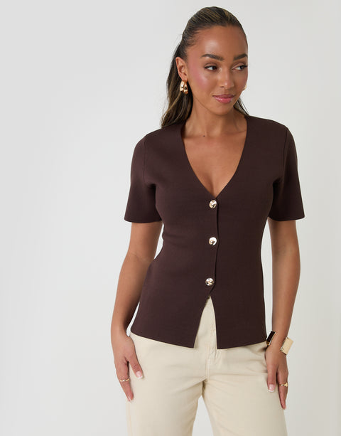 Threadbare V-Neck Compact Knitted Top in Chocolate Brown - front view hands by side