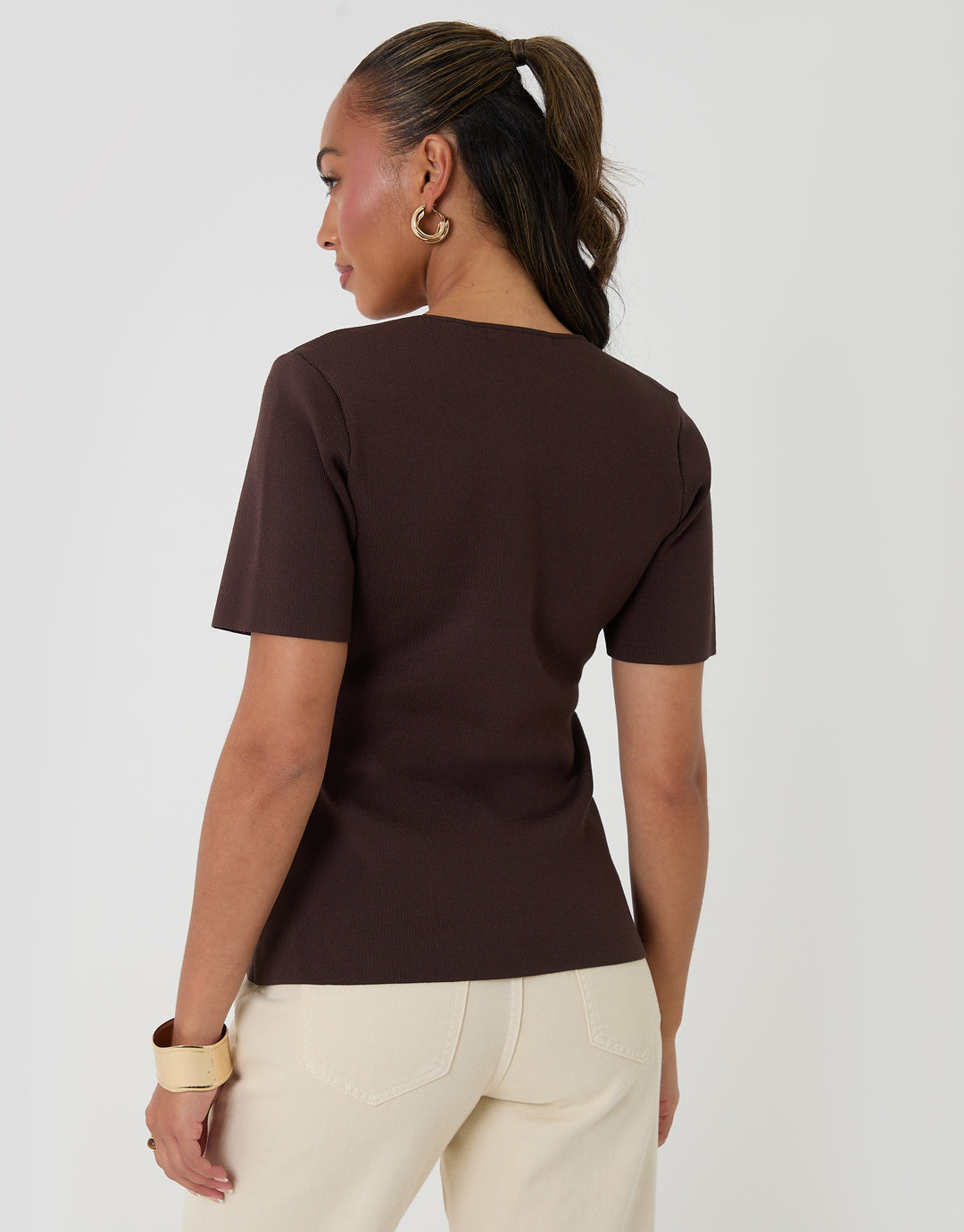 Threadbare V-Neck Compact Knitted Top in Chocolate Brown - back view