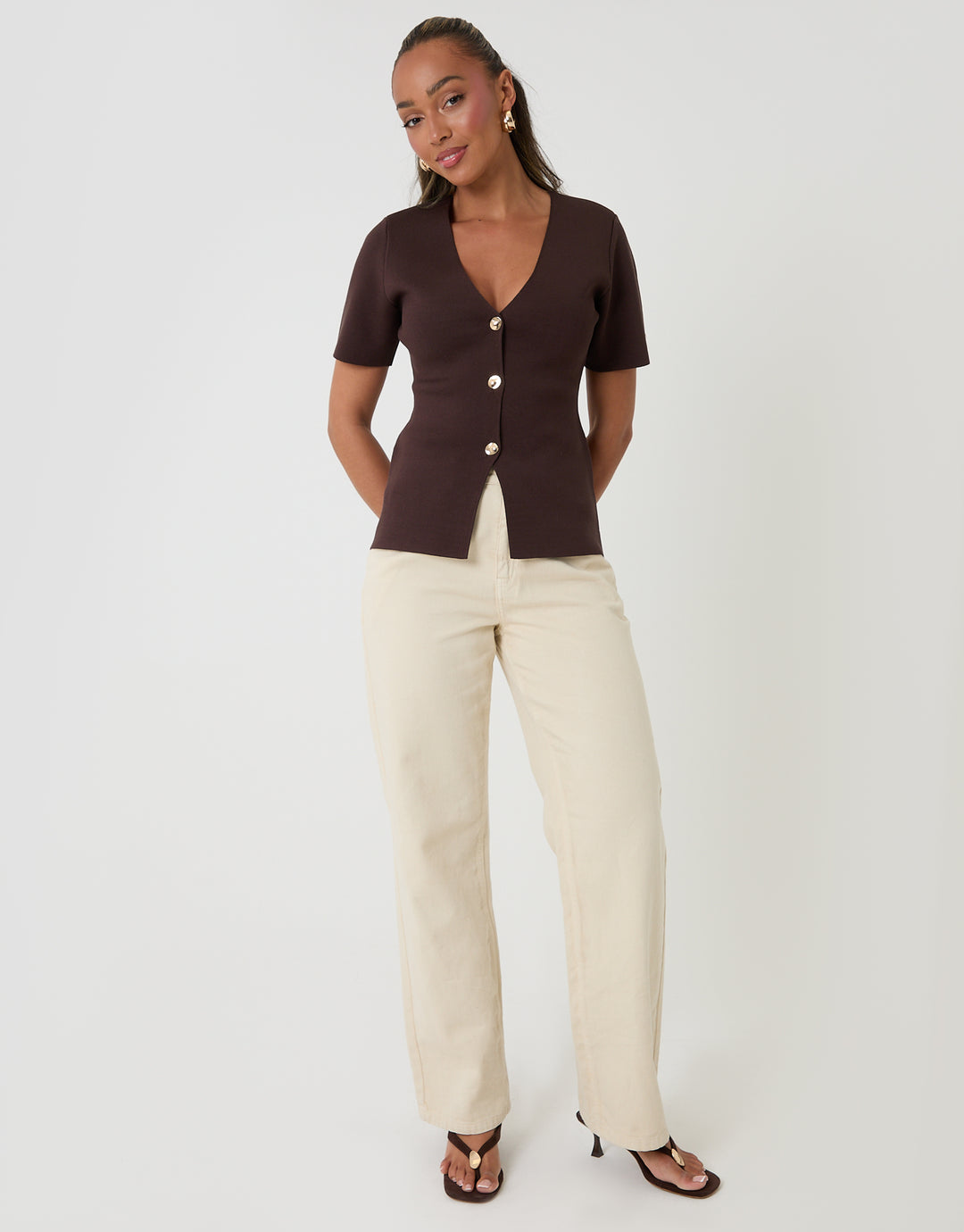 Threadbare V-Neck Compact Knitted Top in Chocolate Brown - full view