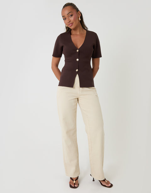 Threadbare V-Neck Compact Knitted Top in Chocolate Brown - full view