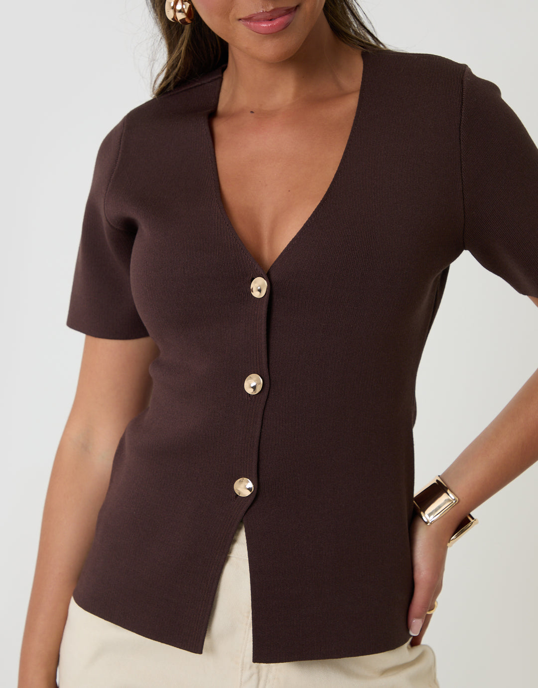 Threadbare V-Neck Compact Knitted Top in Chocolate Brown - front detail view