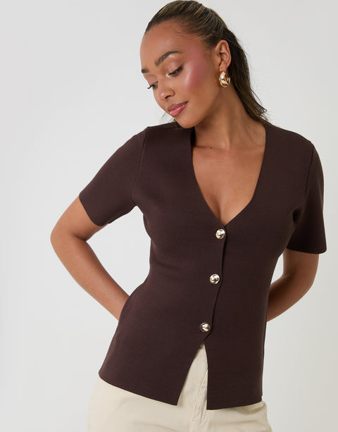 Threadbare V-Neck Compact Knitted Top in Chocolate Brown - front view hands behind back