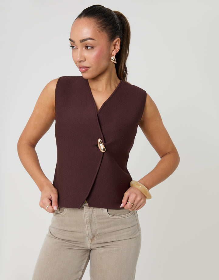 Chocolate Brown V-Neck Knitted Wrap Waistcoat