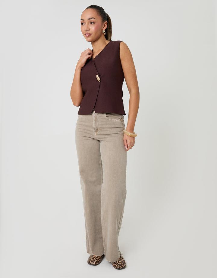 Chocolate Brown V-Neck Knitted Wrap Waistcoat