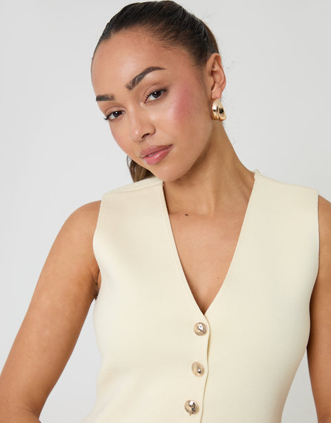 Threadbare V-Neck Knitted Waistcoat in Lemon Yellow - neckline close up