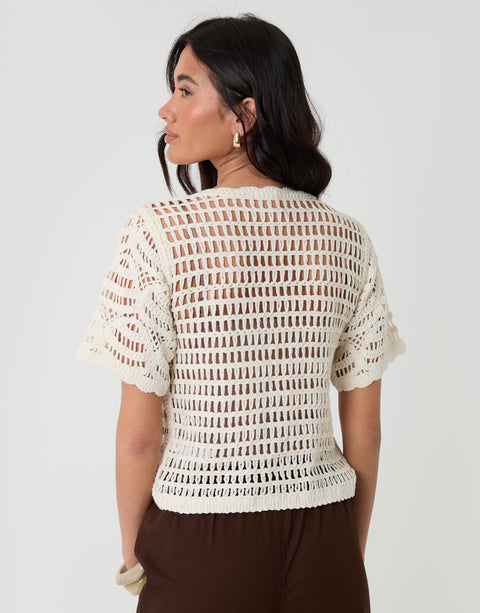 Threadbare Crochet Button Up Top in Cream - back view