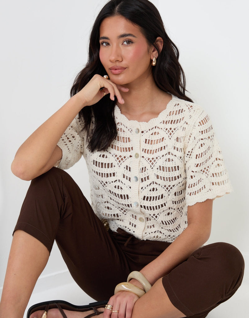 Pure Cotton Crochet Style Button Up Top