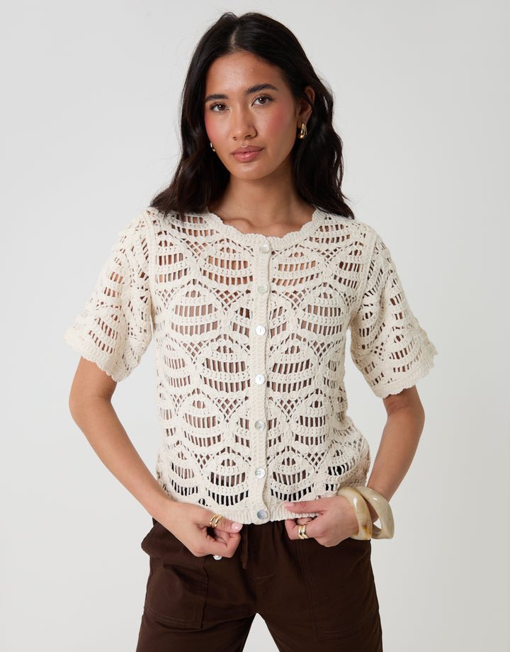 Threadbare Crochet Button Up Top in Cream - front view
