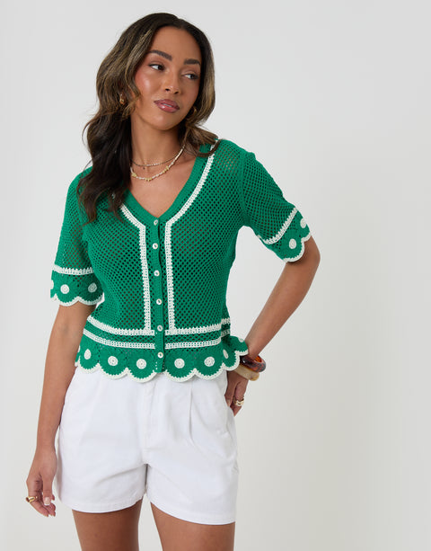 Threadbare Crochet Flower Hem Button Up Top in Green - front view