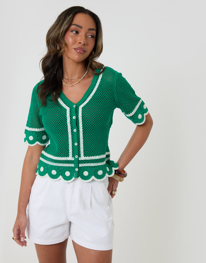 Threadbare Crochet Flower Hem Button Up Top in Green - front view