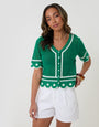 Threadbare Crochet Flower Hem Button Up Top in Green - front view