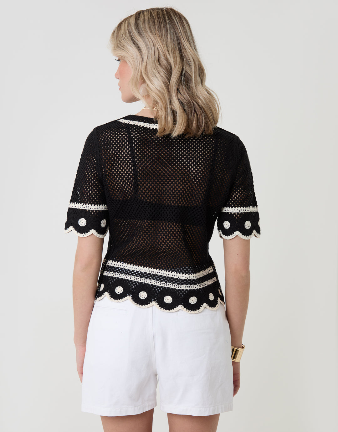 Threadbare Crochet Flower Hem Button Up Top in Black - back view