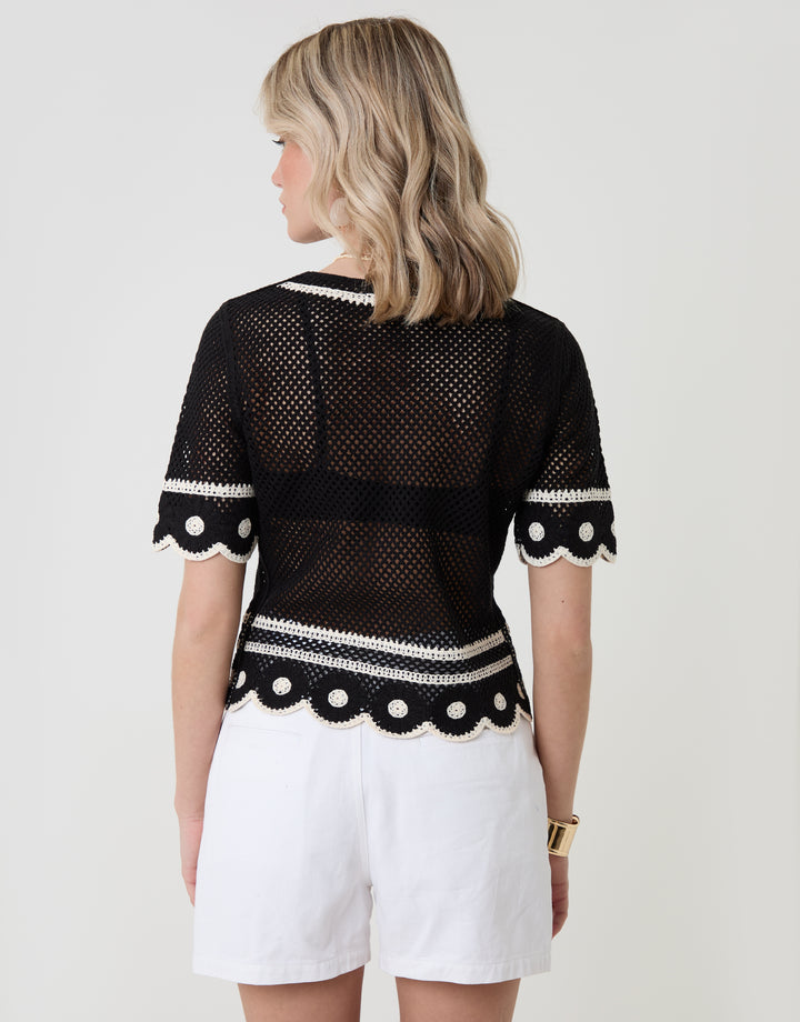 Threadbare Crochet Flower Hem Button Up Top in Black - back view