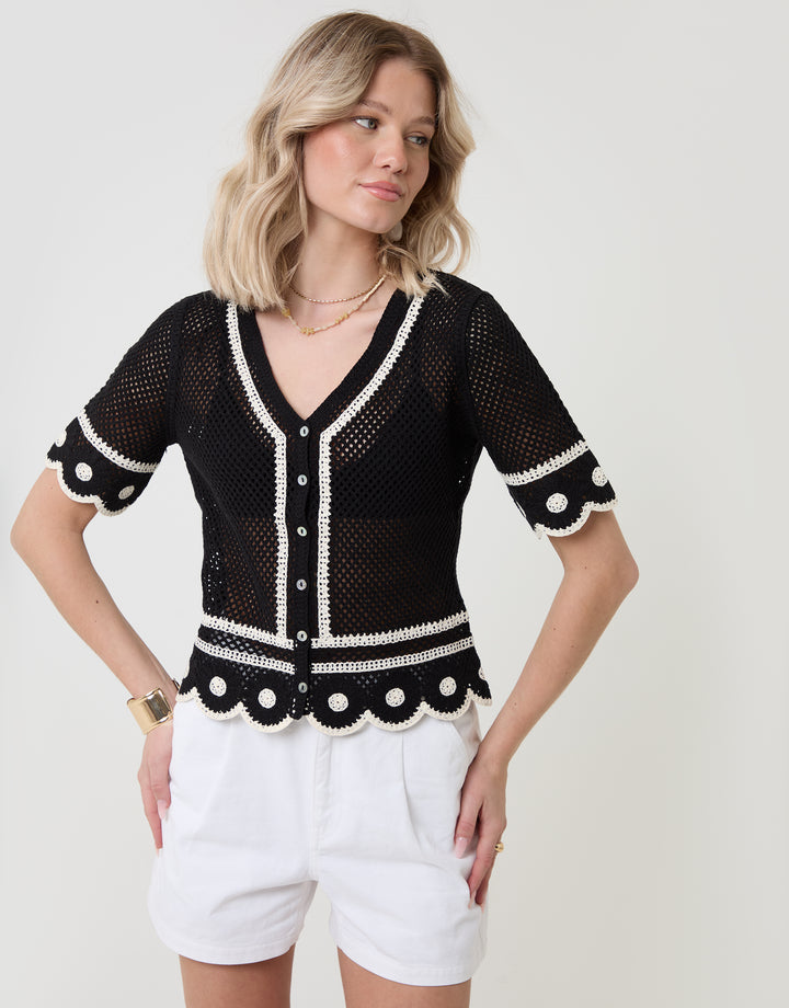 Threadbare Crochet Flower Hem Button Up Top in Black - front view