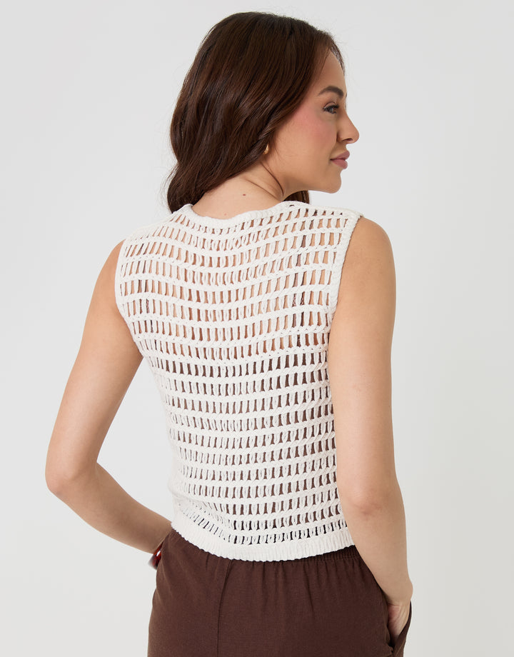 Threadbare Crochet Button Up Vest in White - back view