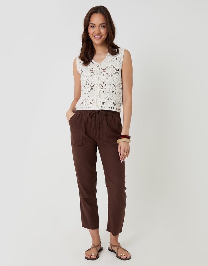 Threadbare Crochet Button Up Vest in White - full body