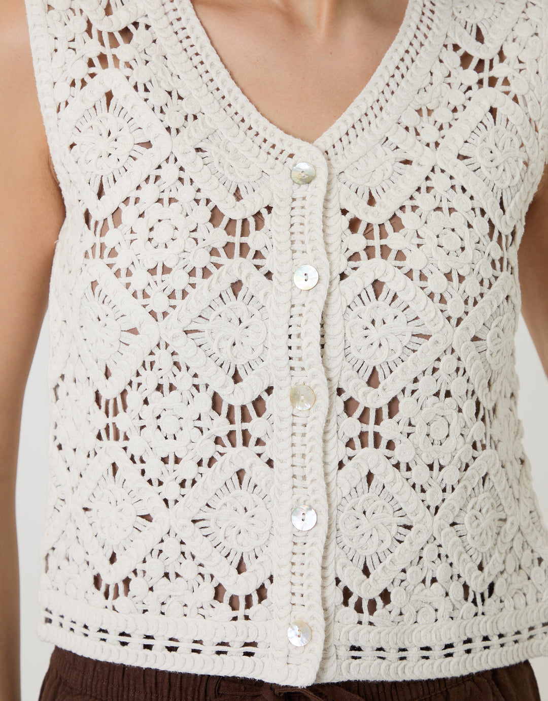 Threadbare Crochet Button Up Vest in White - front view close up