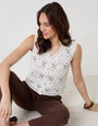 Threadbare Crochet Button Up Vest in White - seated