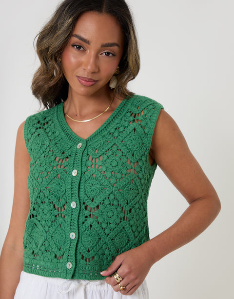 Threadbare Crochet Button Up Vest in Green - front view close up