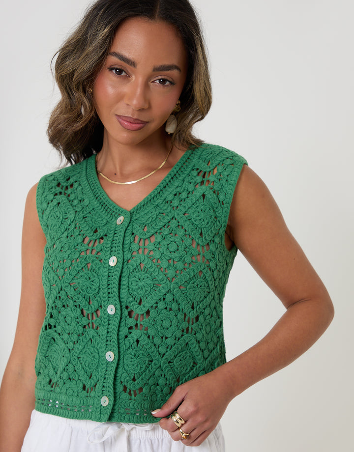 Threadbare Crochet Button Up Vest in Green - front view close up