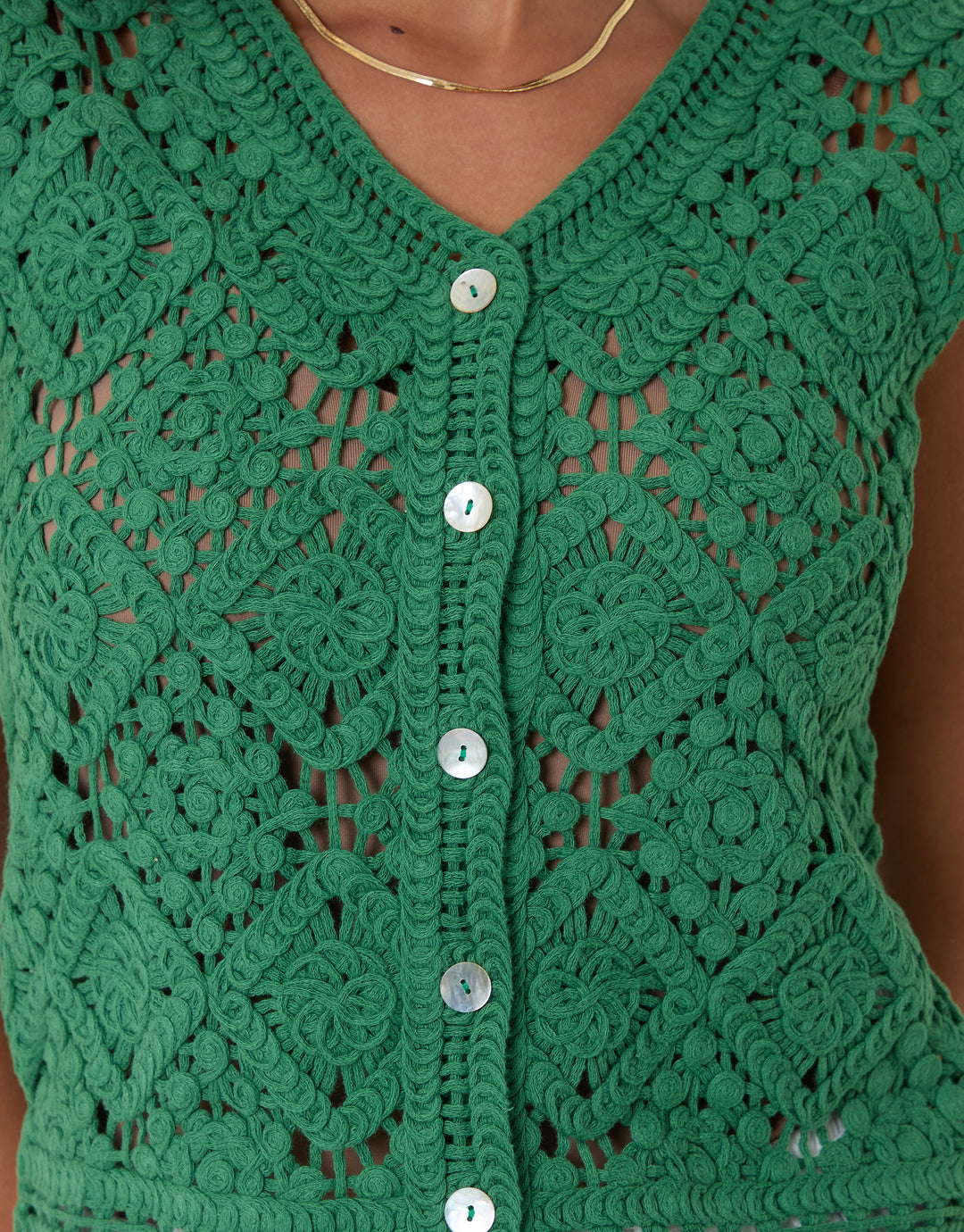 Threadbare Crochet Button Up Vest in Green - buttons close up